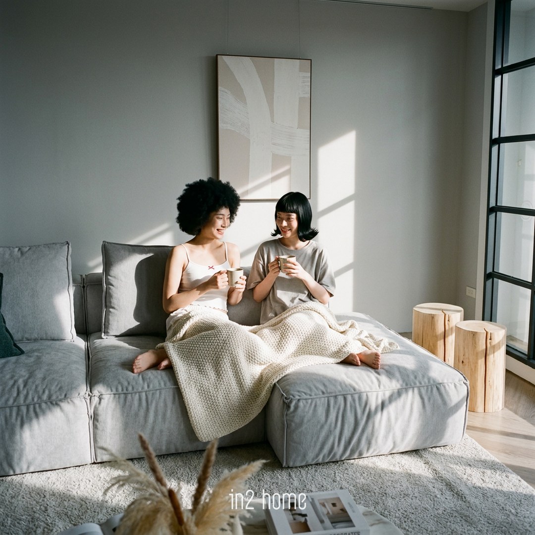 in2 home 格雷沙發生活場景:窗框的光影落在沙發上,披一條針織毯