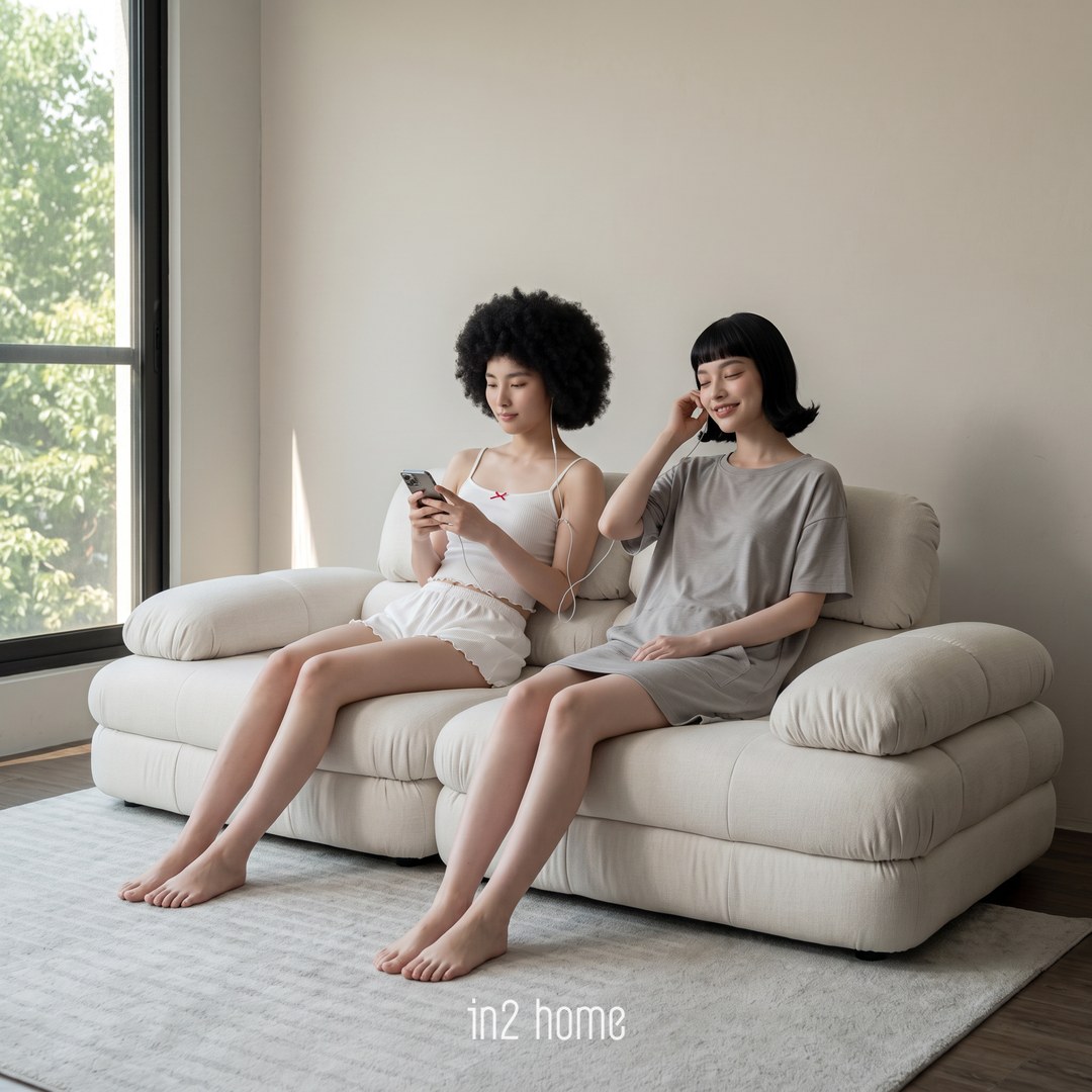 in2 home 滾滾沙發生活場景:座深夠,腿伸直一起聽同一副耳機
