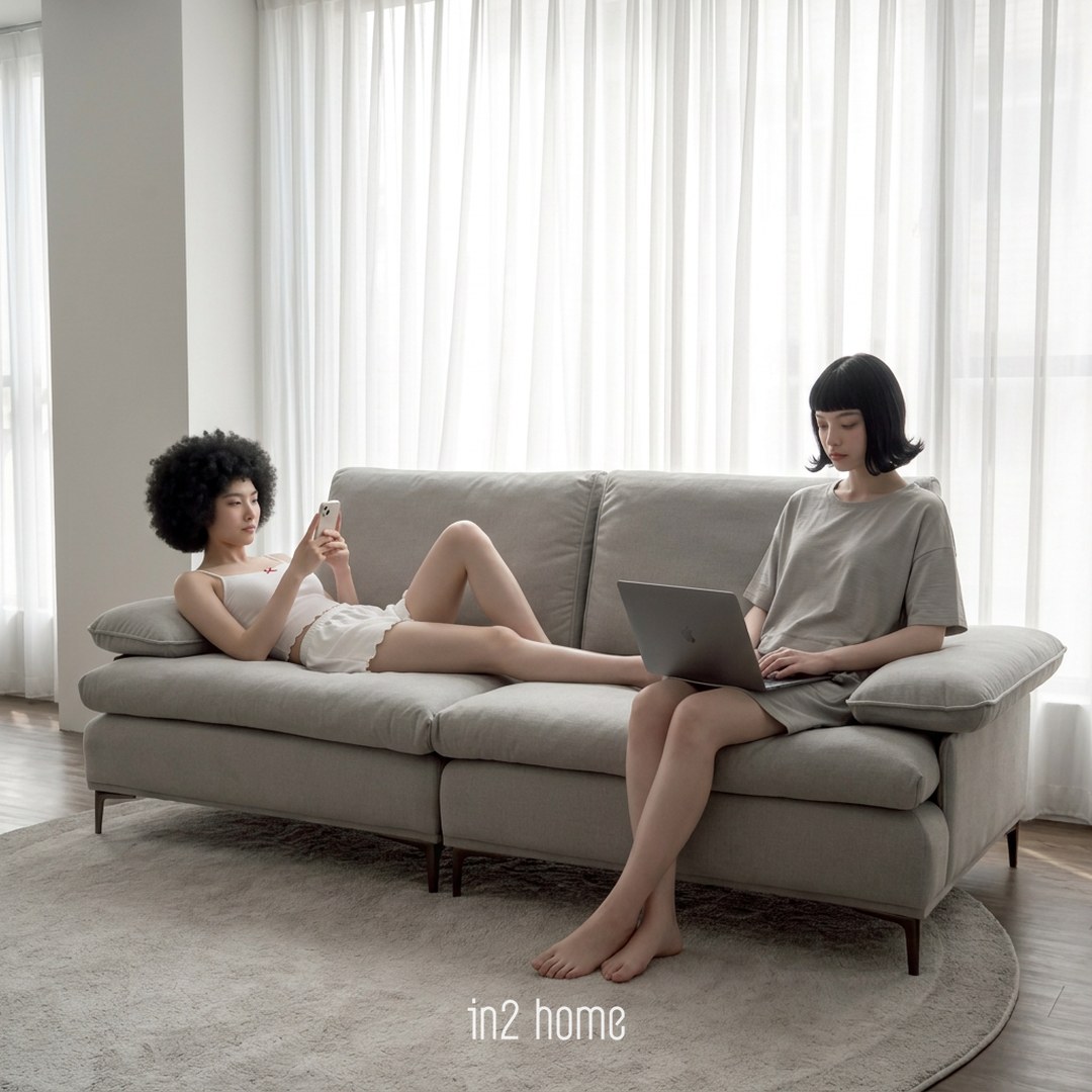 in2 home 懶懶沙發生活場景:寬扁扶手當枕頭,一個滑手機一個工作