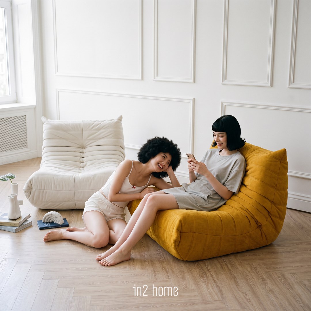 in2 home 毛毛蟲沙發生活場景:靠在旁邊一起滑手機,怎麼坐都舒服