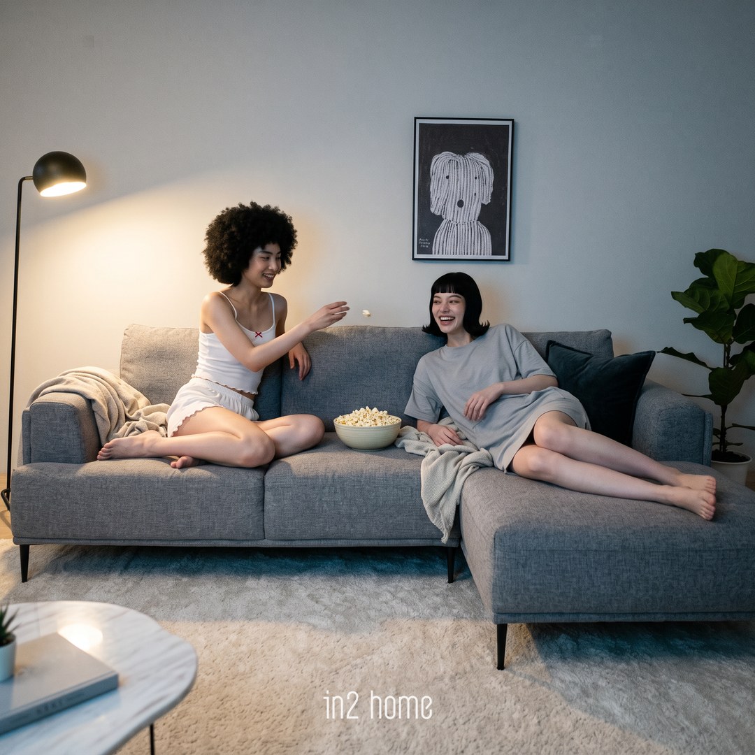 in2 home 躺躺沙發生活場景:電影夜,一個窩轉角、一個躺貴妃