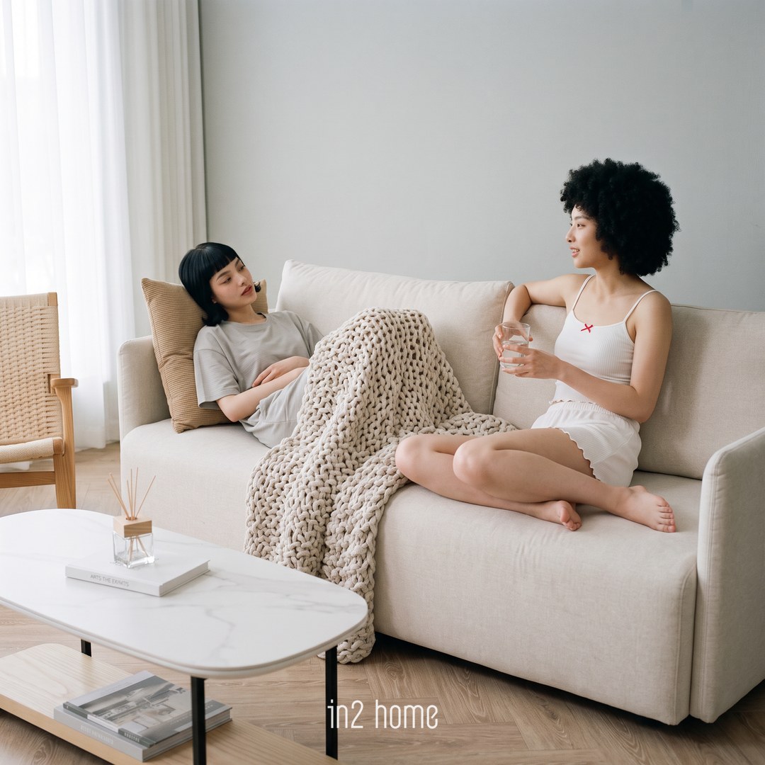 in2 home 小躺躺沙發生活場景:深座窩著蓋毯子聊天