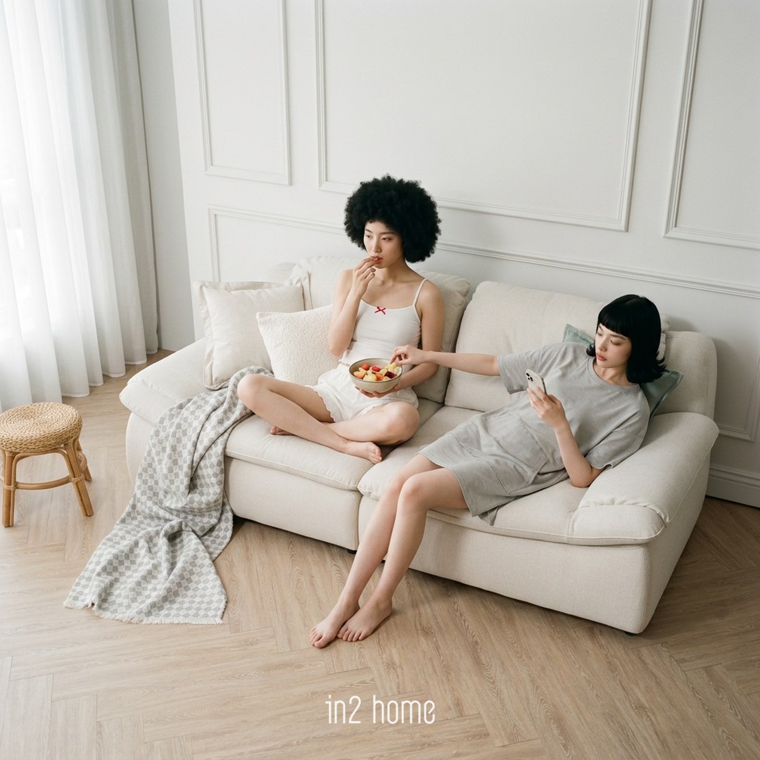 in2 home 圓圓沙發生活場景:盤腿吃水果,枕著扶手的人偷一塊