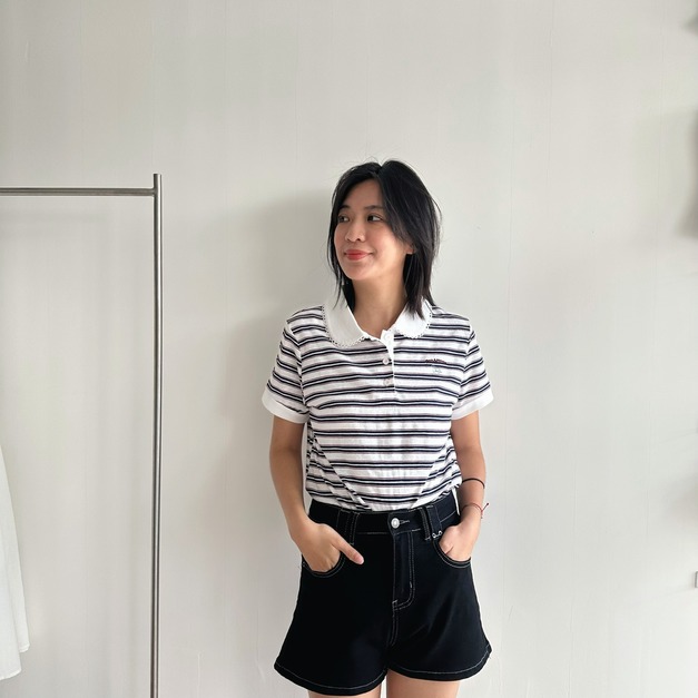 滾邊蕾絲條紋POLO上衣