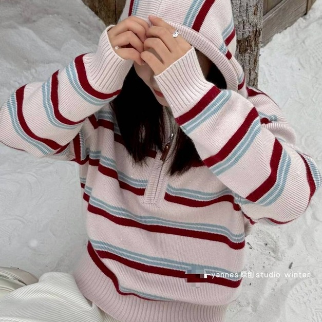 厚磅條紋連帽針織上衣