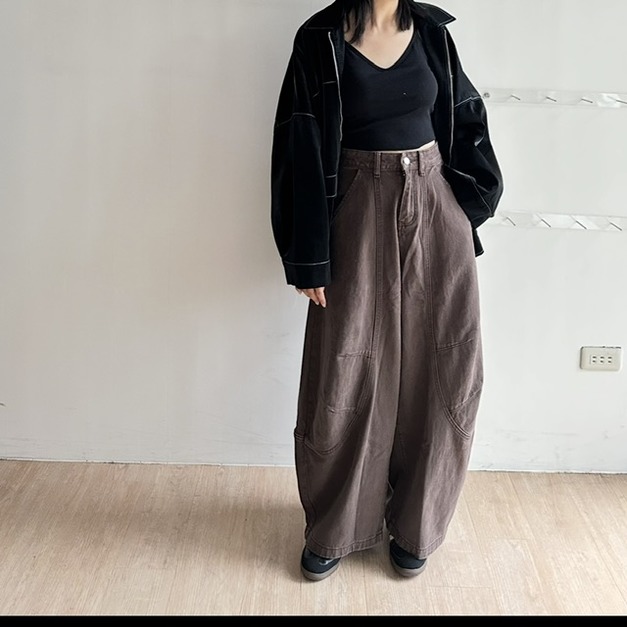 復古水洗色闊腿褲