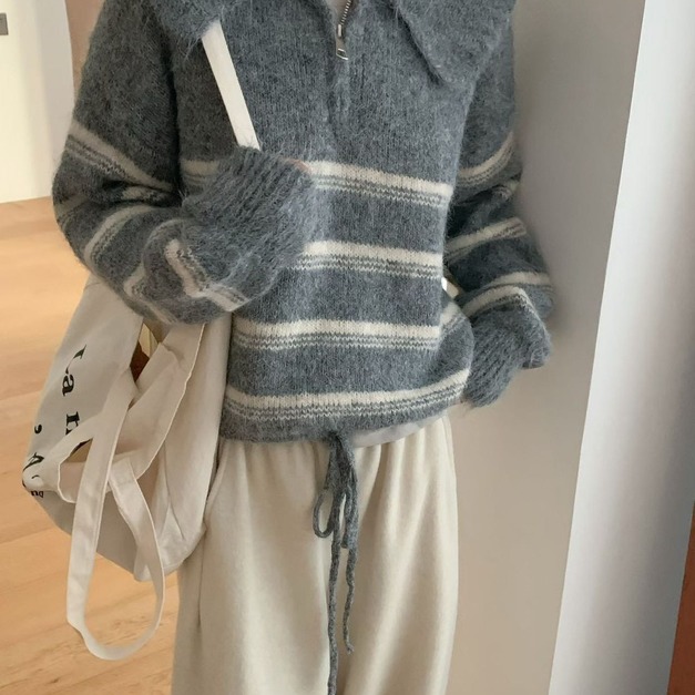 翻領拉鍊條紋毛衣