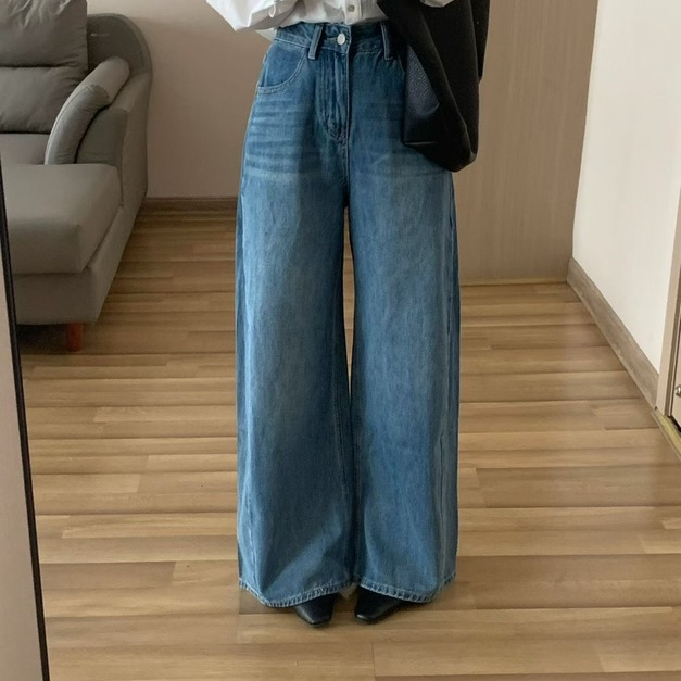 蕾絲標牛仔寬褲