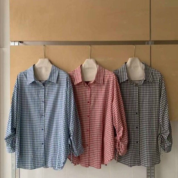 手袖抽繩格紋襯衫