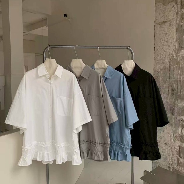 下擺荷葉棉質短袖襯衫