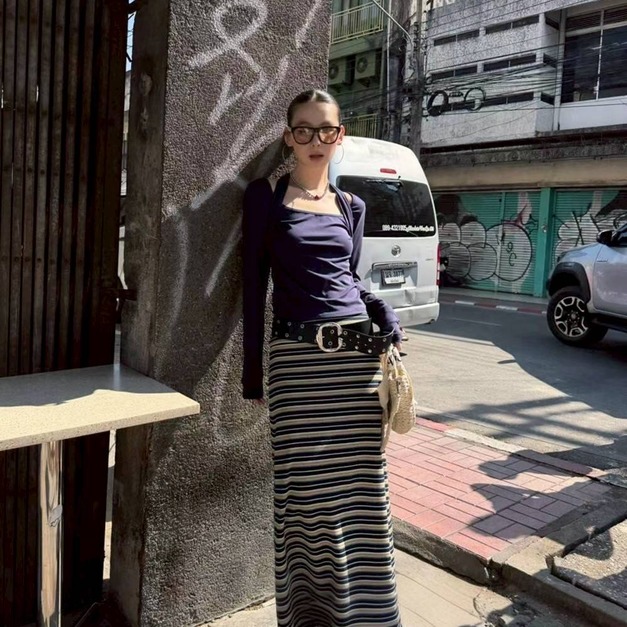熱賣條紋鬆緊長裙
