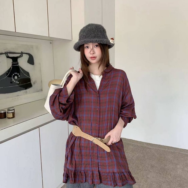 皺皺棉質格紋襯衫