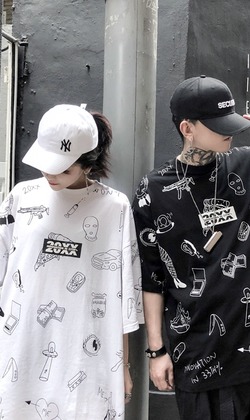 33THX20XX漫畫塗鴉短袖男女寬鬆TEE國潮
