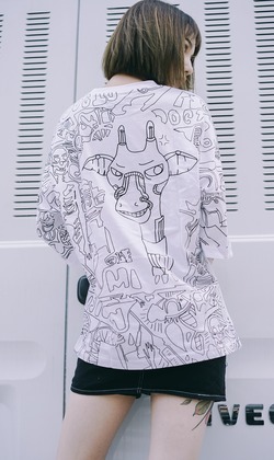 COCOS NUCIFERA 素描長頸鹿五分袖潮男女情侶寬鬆短袖