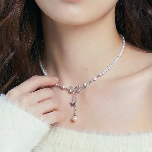 氣質珍珠垂釣蝴蝶鎖骨鏈／項鍊
