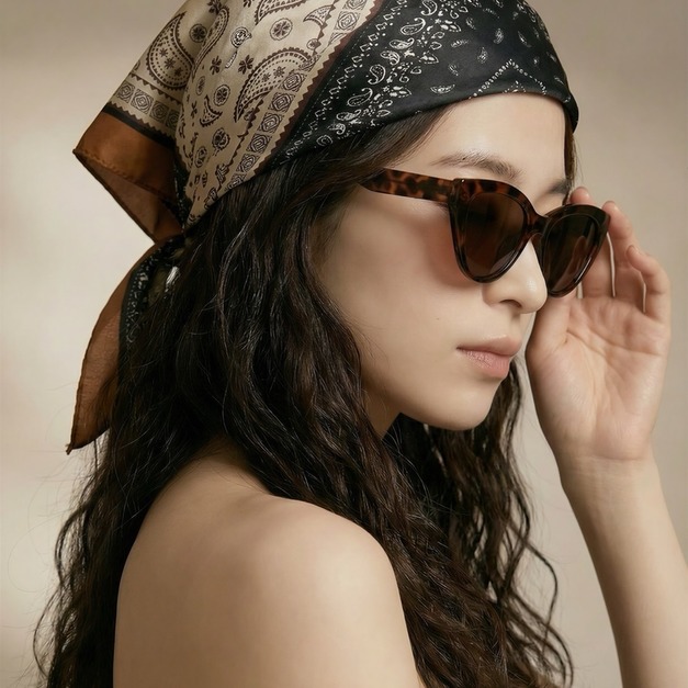 復古變形蟲雙色頭巾／絲巾