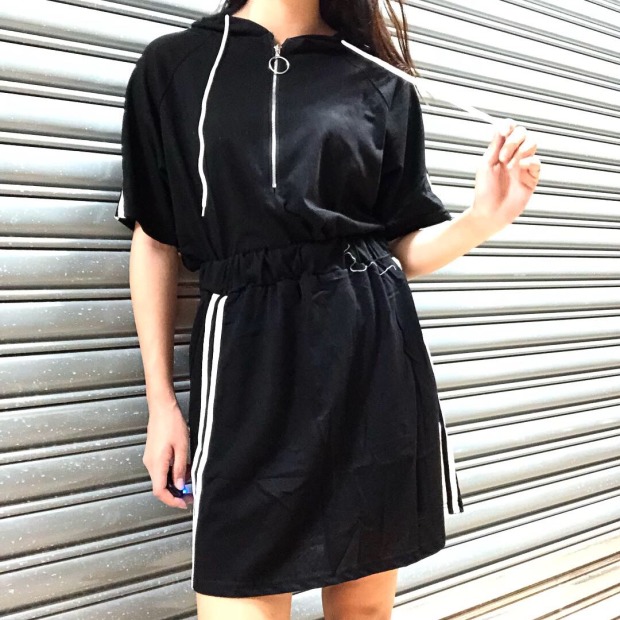 春夏新款兩件式條紋帽T套裝