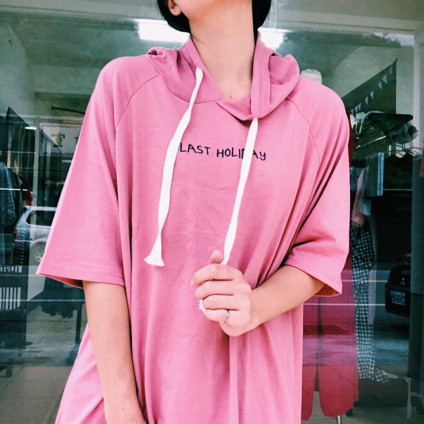 粉色長版帽T