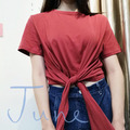 小性感短版綁帶紅T_1