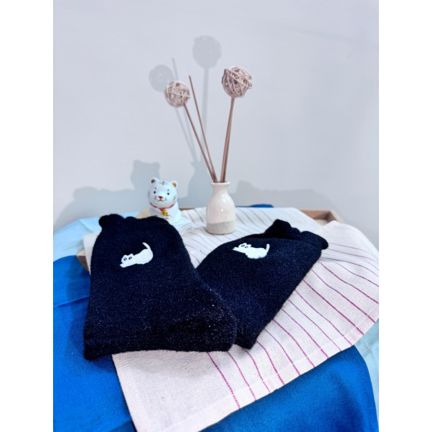 刺繡貓咪中長襪(黑)