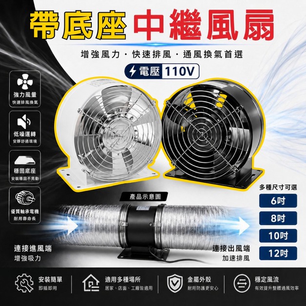 底座式中繼排風扇 管道風機 靜音大風量 6吋／8吋／10吋／12吋  中繼排風扇