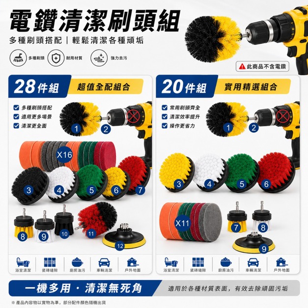 電鑽清潔刷頭 清潔地板神器 電鑽刷頭 20件組 28件組 海綿刷 地板牆面清潔刷套裝 汽車清潔除垢
