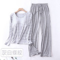 【Osun】Bra-T莫代爾帶胸墊條紋寬鬆長袖荷葉邊長褲套裝睡衣保暖居家服(顏色任選/CE431)_9