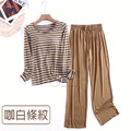 【Osun】Bra-T莫代爾帶胸墊條紋寬鬆長袖荷葉邊長褲套裝睡衣保暖居家服(顏色任選/CE431)_11