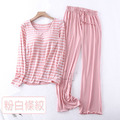 【Osun】Bra-T莫代爾帶胸墊條紋寬鬆長袖荷葉邊長褲套裝睡衣保暖居家服(顏色任選/CE431)_10
