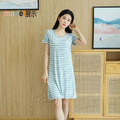 【Osun】莫代爾條紋帶胸墊薄款短袖大碼荷葉邊連衣裙睡衣居家休閒服(顏色任選/CE405)_9