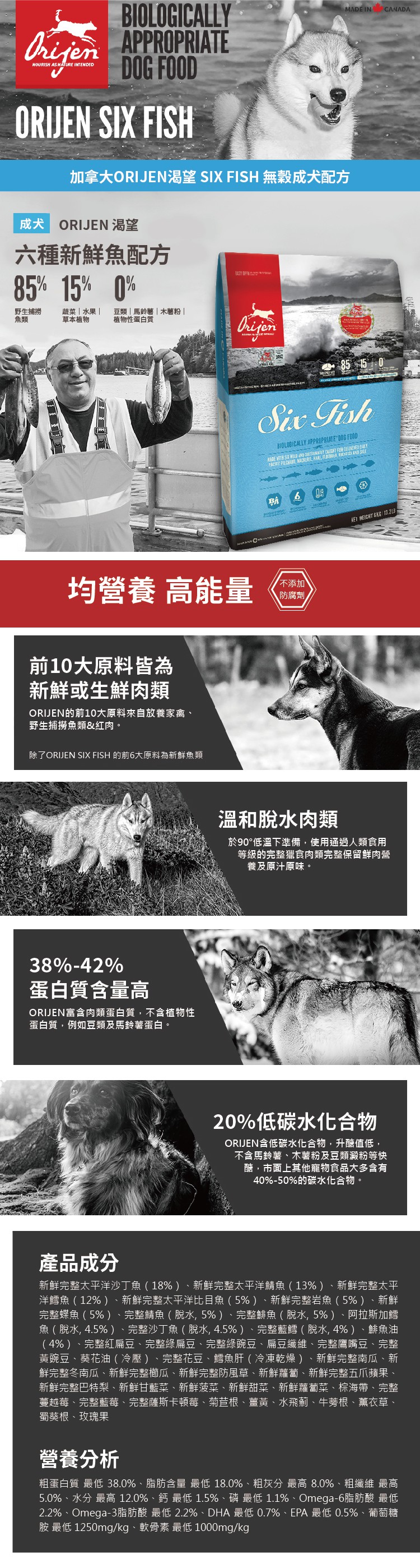 Orijen 渴望 無穀成犬六種魚+海藻配方 6kg