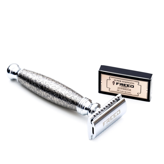 【FREED】封閉式復古雙刃安全刮鬍刀- 蝕刻雕花鍍鎳版  (附刀片10片)