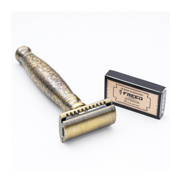 【FREED】封閉式復古雙刃安全刮鬍刀- 仿古銅蝕刻雕花  (附刀片10片)