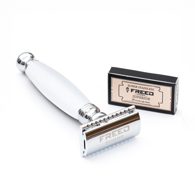 【FREED】封閉式復古雙刃安全刮鬍刀- 珍珠白  (附刀片10片)