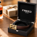 【FREED】 金色/黑色扣頭手掌紋超纖維雙色皮帶-咖面黑底_5