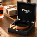 【FREED】 金色/黑色扣頭手掌紋超纖維雙色皮帶-棕面黑底_4