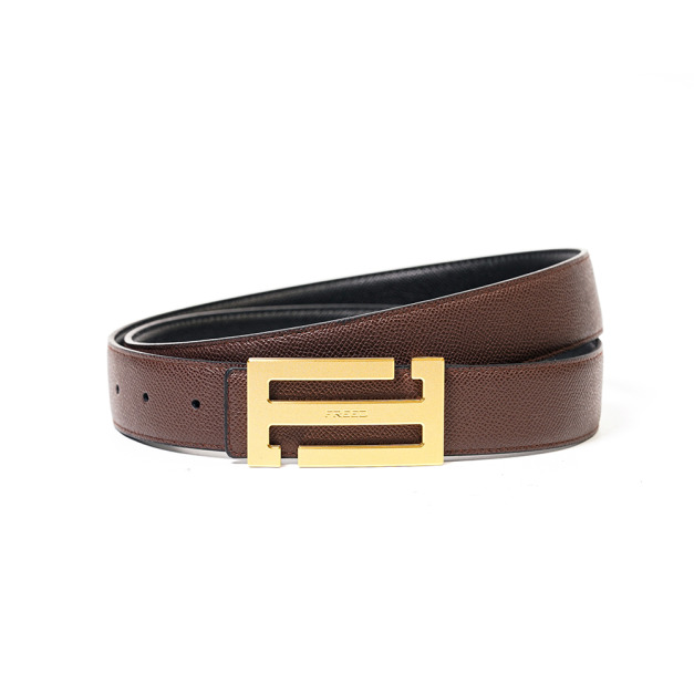 【FREED】 金色/黑色扣頭手掌紋超纖維雙色皮帶-咖面黑底