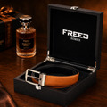 【FREED】槍色方形扣頭手掌紋超纖維皮帶 - 棕面黑底_2