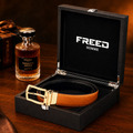 【FREED】亮金旋轉式馬蹄扣手掌紋超纖維皮帶 - 棕面黑底_2