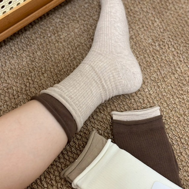 三雙一組- 撞色假兩層襪