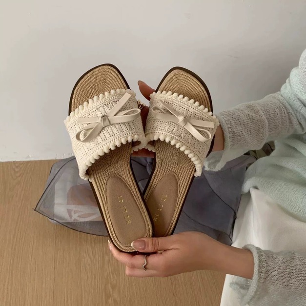 法式蝴蝶結編織一字拖鞋