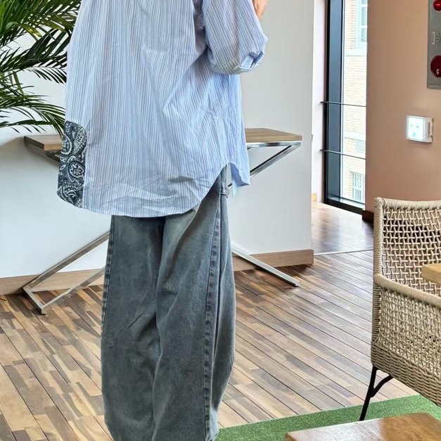 異材質拼接條紋長袖襯衫