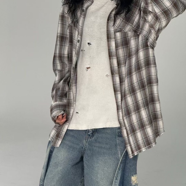 仿舊抽鬚格紋襯衫