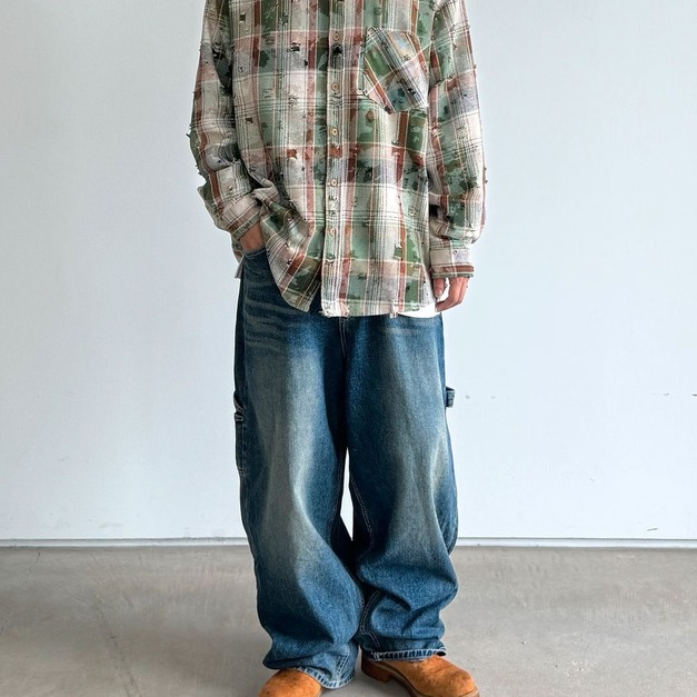 仿舊破壞格紋長袖襯衫