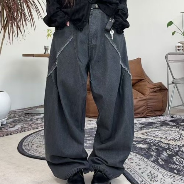 拼接毛邊牛仔長褲