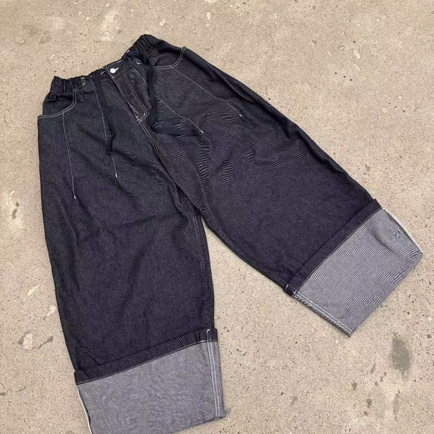 反摺牛仔寬長褲