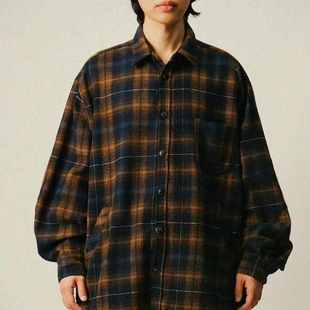 毛呢格紋補丁襯衫外套