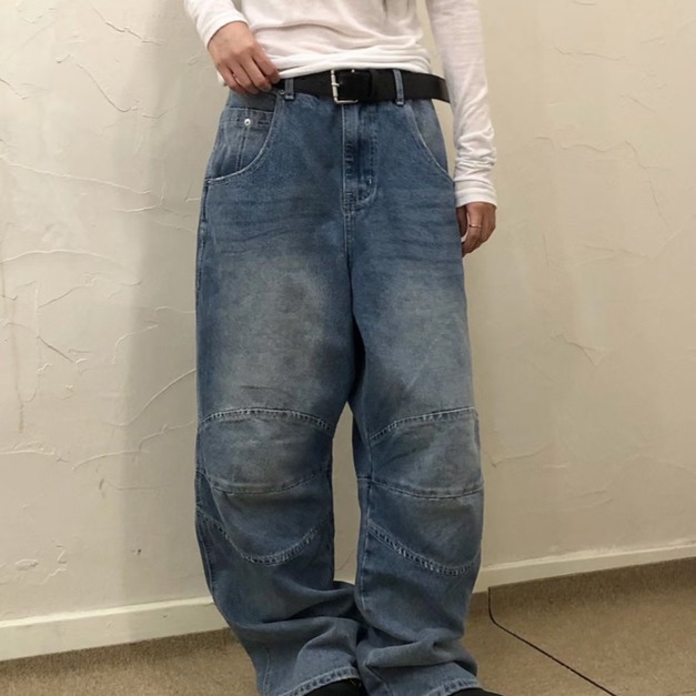 多切線拼接直筒牛仔褲