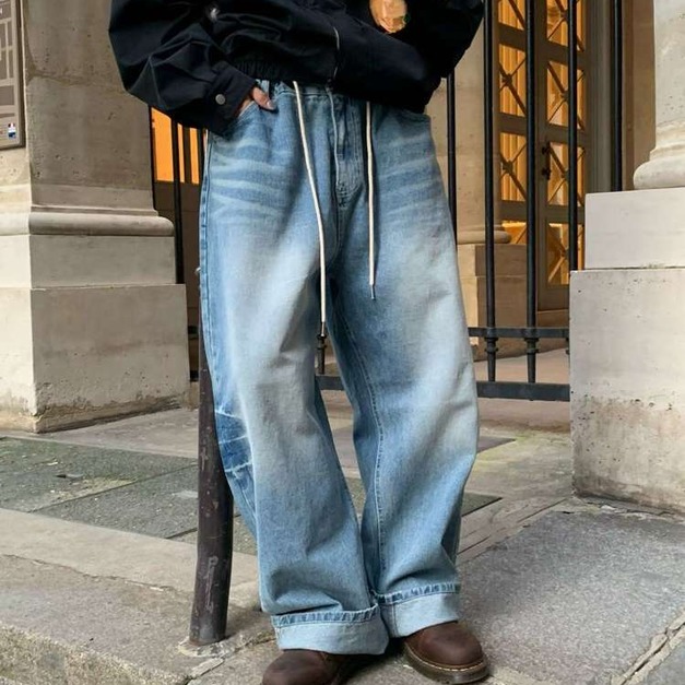 直筒復古水洗抽繩牛仔褲