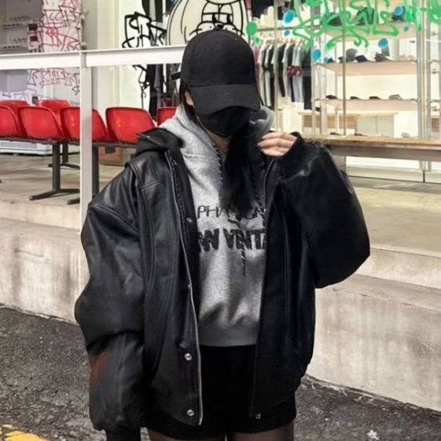 連帽皮革拉鍊外套